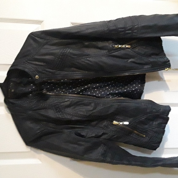 Faux Leather dark Navy Moto Jacket Bought in Italy - Quality! Vegan Gold zip S - Picture 4 of 15
